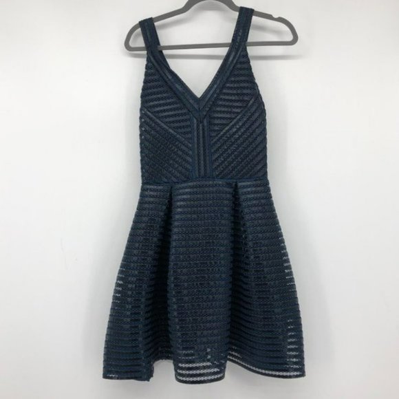 Maje Paris Rosemount black and blue mesh  stripe fit and flare cocktail dress 2 - Picture 3 of 16